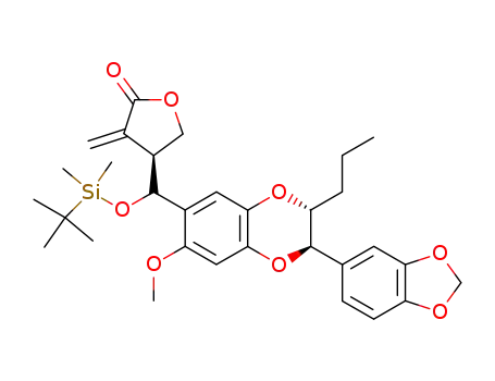 (+/-)-(4R*)-4-<(1'R*/S*)-1-<(2''R*,3''R*)/(2''S*,3''S*)-2''-Propyl-6-methoxy-3''-(3,4-methylenedioxyphenyl)-1,4-benzodioxan-7-yl>-1'-<(tert-butyldimethylsilyl)oxy>methyl>-3-methylenedihydro-2(3H)-furanone