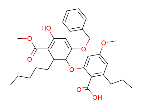 Molecular Structure of 113487-82-4 (Benzoic acid,
3-(2-carboxy-5-methoxy-3-propylphenoxy)-6-hydroxy-2-pentyl-4-(phenyl
methoxy)-, 1-methyl ester)