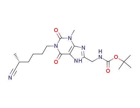 Molecular Structure of 301329-39-5 (Carbamic acid,
[[1-[(5R)-5-cyanohexyl]-2,3,6,7-tetrahydro-3-methyl-2,6-dioxo-1H-purin-
8-yl]methyl]-, 1,1-dimethylethyl ester)