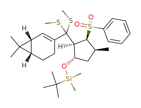 {(1S,2R,3S,4S)-3-Benzenesulfonyl-2-[((1R,6S)-7,7-dimethyl-bicyclo[4.1.0]hept-2-en-3-yl)-bis-methylsulfanyl-methyl]-4-methyl-cyclopentyloxy}-tert-butyl-dimethyl-silane