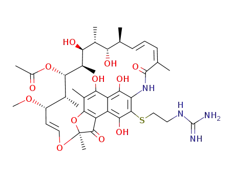 Molecular Structure of 15299-46-4 ((2S,16S,17S,18R,19R,20R,21S,22R,23S,24E)-8-({2-[(diaminomethylidene)amino]ethyl}sulfanyl)-5,6,9,17,19-pentahydroxy-23-methoxy-2,4,12,16,18,20,22-heptamethyl-1,11-dioxo-1,2-dihydro-2,7-(epoxypentadeca[1,11,13]trienoimino)naphtho[2,1-b]furan-21-yl acetate)
