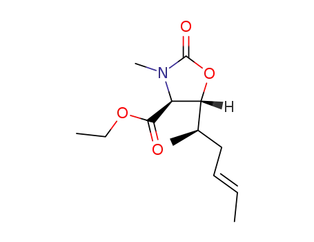 Molecular Structure of 81135-56-0 (4-Oxazolidinecarboxylic acid,
3-methyl-5-[(1R,3E)-1-methyl-3-pentenyl]-2-oxo-, ethyl ester, (4S,5R)-)