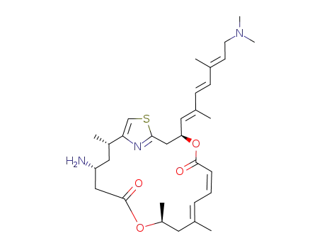 Molecular Structure of 139220-18-1 (4,12-Dioxa-20-thia-21-azabicyclo[16.2.1]heneicosa-1(21),6,8,18-tetraene-5,13-dione,15-amino-3-[(1E,3E,5E)-7-(dimethylamino)-2,5-dimethyl-1,3,5-heptatrien-1-yl]-9,11,17-trimethyl-,(3S,6Z,8E,11S,15R,17S)-)