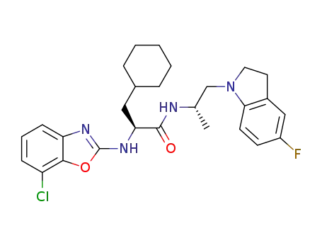 (S)-2-(7-Chloro-benzooxazol-2-ylamino)-3-cyclohexyl-N-[(S)-2-(5-fluoro-2,3-dihydro-indol-1-yl)-1-methyl-ethyl]-propionamide