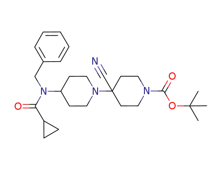 Molecular Structure of 902472-98-4 ([1,4'-Bipiperidine]-1'-carboxylic acid,
4'-cyano-4-[(cyclopropylcarbonyl)(phenylmethyl)amino]-,
1,1-dimethylethyl ester)