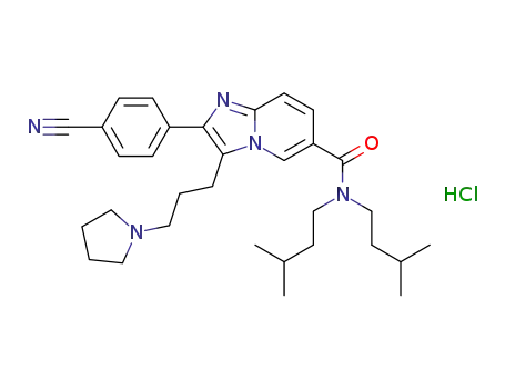 Molecular Structure of 1064662-40-3 (Imidazo[1,2-a]pyridine-6-carboxamide, 2-(4-cyanophenyl)-N,N-bis(3-methylbutyl)-3-[3-(1-pyrrolidinyl)propyl]-, hydrochloride (1:1))