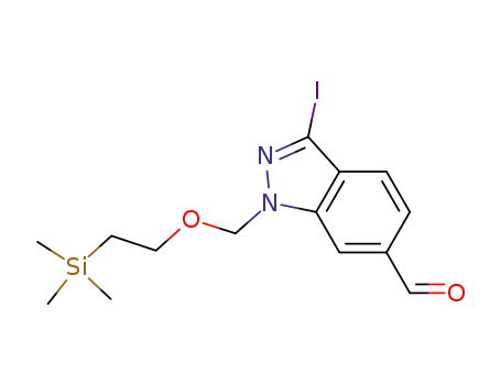 Molecular Structure of 1168720-53-3 (3-iodo-1-((2-(trimethylsilyl)ethoxy)methyl)-1H-indazole-6-carbaldehyde)