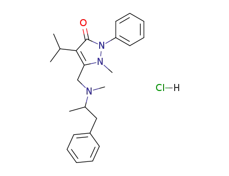Molecular Structure of 91485-56-2 (3H-Pyrazol-3-one,
1,2-dihydro-1-methyl-4-(1-methylethyl)-5-[[methyl(1-methyl-2-phenylethyl
)amino]methyl]-2-phenyl-, monohydrochloride)