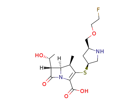 Molecular Structure of 127767-64-0 (1-Azabicyclo[3.2.0]hept-2-ene-2-carboxylicacid,3-[[(3S,5S)-5-[(2-fluoroethoxy)methyl]-3-pyrrolidinyl]thio]-6-[(1R)-1-hydroxyethyl]-4-methyl-7-oxo-,(4R,5S,6S)-)