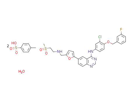 N-{3-chloro-4-[(3-fluorobenzyl)oxy]phenyl}-6-[5-({[2-(methylsulphonyl)ethyl]amino}methyl)furan-2-yl]quinazolin-4-amine bis(4-methylbenzenesulphonate) monohydrate