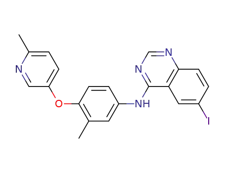 Molecular Structure of 537705-05-8 (6-iodo-N-(3-Methyl-4-((6-Methylpyridin-3-yl)oxy)phenyl)quinazolin-4-aMine)