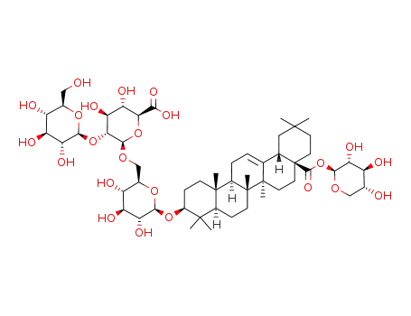 Molecular Structure of 143114-86-7 (3-O-glucopyranosyl(1-2)glucuronopyranosyl(1-6)glucopyranosyl 28-O-xylopyranosylolean-12-en-28-oic acid ester)