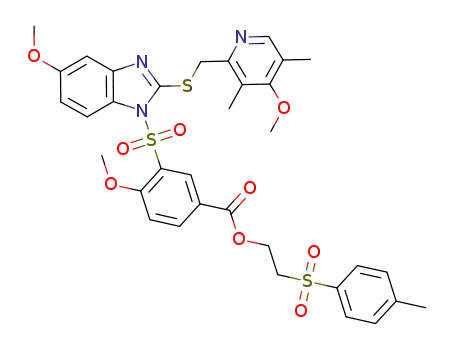 Molecular Structure of 651729-67-8 (Benzoic acid,
4-methoxy-3-[[5-methoxy-2-[[(4-methoxy-3,5-dimethyl-2-pyridinyl)methyl]
thio]-1H-benzimidazol-1-yl]sulfonyl]-, 2-[(4-methylphenyl)sulfonyl]ethyl
ester)