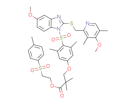 Molecular Structure of 651729-45-2 (Propanoic acid,
3-[4-[[5-methoxy-2-[[(4-methoxy-3,5-dimethyl-2-pyridinyl)methyl]thio]-1H
-benzimidazol-1-yl]sulfonyl]-3,5-dimethylphenoxy]-2,2-dimethyl-,
2-[(4-methylphenyl)sulfonyl]ethyl ester)