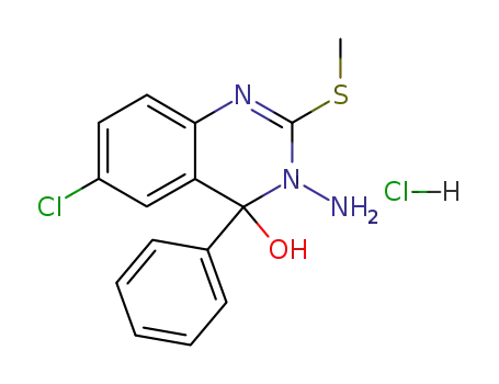 Molecular Structure of 112608-11-4 (4-Quinazolinol, 3-amino-6-chloro-3,4-dihydro-2-(methylthio)-4-phenyl-,
monohydrochloride)