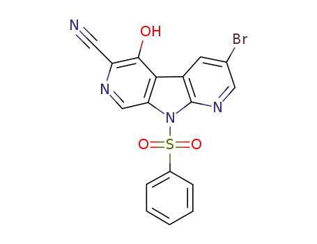 Molecular Structure of 1200130-75-1 (9H-Pyrrolo[2,3-b:5,4-c']dipyridine-6-carbonitrile, 3-broMo-5-hydroxy-9-(phenylsulfonyl)-)