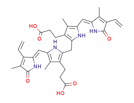 Molecular Structure of 635-65-4 (21H-Biline-8,12-dipropanoicacid,2,17-diethenyl-1,10,19,22,23,24-hexahydro-3,7,13,18-tetramethyl-1,19-dioxo-)