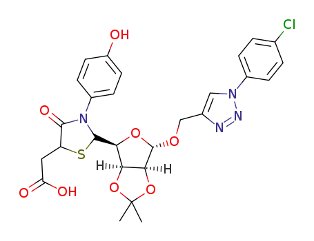 2-(2-((3aR,4S,6S,6aS)-6-((1-(4-chlorophenyl)-1H-1,2,3-triazol-4-yl)methoxy)-2,2-dimethyltetrahydrofuro[3,4-d][1,3]dioxol-4-yl)-3-(4-hydroxyphenyl)-4-oxothiazolidin-5-yl)acetic acid