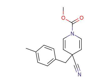 Molecular Structure of 105621-37-2 (1(4H)-Pyridinecarboxylic acid, 4-cyano-4-[(4-methylphenyl)methyl]-,
methyl ester)