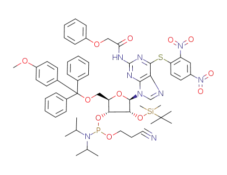 Diisopropyl-phosphoramidous acid (2R,3R,4R,5R)-4-(tert-butyl-dimethyl-silanyloxy)-5-[6-(2,4-dinitro-phenylsulfanyl)-2-(2-phenoxy-acetylamino)-purin-9-yl]-2-[(4-methoxy-phenyl)-diphenyl-methoxymethyl]-tetrahydro-furan-3-yl ester 2-cyano-ethyl ester