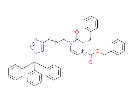 Molecular Structure of 500782-79-6 (1(2H)-Pyrazinecarboxylic acid,
3,4-dihydro-3-oxo-2-(phenylmethyl)-4-[3-[1-(triphenylmethyl)-1H-imidaz
ol-4-yl]-2-propenyl]-, phenylmethyl ester, (2S)-)