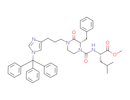 Molecular Structure of 500782-81-0 (L-Leucine,
N-[[(2S)-3-oxo-2-(phenylmethyl)-4-[3-[1-(triphenylmethyl)-1H-imidazol-4-
yl]propyl]-1-piperazinyl]carbonyl]-, methyl ester)