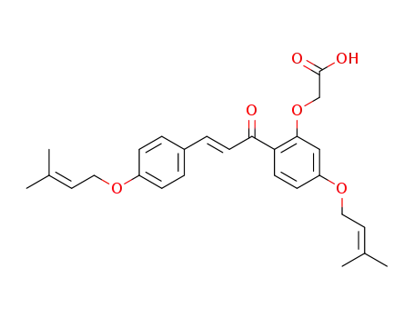 Molecular Structure of 64506-49-6 (Aceticacid,2-[5-[(3-methyl-2-buten-1-yl)oxy]-2-[3-[4-[(3-methyl-2-buten-1-yl)oxy]phenyl]-1-oxo-2-propen-1-yl]phenoxy]-)