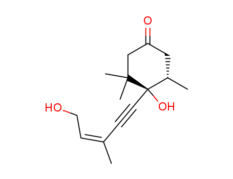 Molecular Structure of 130694-71-2 (Cyclohexanone,4-hydroxy-4-[(3Z)-5-hydroxy-3-methyl-3-penten-1-yn-1-yl]-3,3,5-trimethyl-,(4R,5S)-)