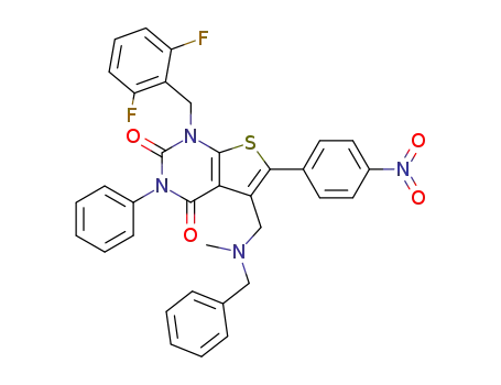 Molecular Structure of 174071-70-6 (Thieno[2,3-d]pyrimidine-2,4(1H,3H)-dione,
1-[(2,6-difluorophenyl)methyl]-5-[[methyl(phenylmethyl)amino]methyl]-6-(
4-nitrophenyl)-3-phenyl-)