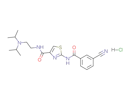 Molecular Structure of 206881-85-8 (4-Thiazolecarboxamide,
N-[2-[bis(1-methylethyl)amino]ethyl]-2-[(3-cyanobenzoyl)amino]-,
monohydrochloride)