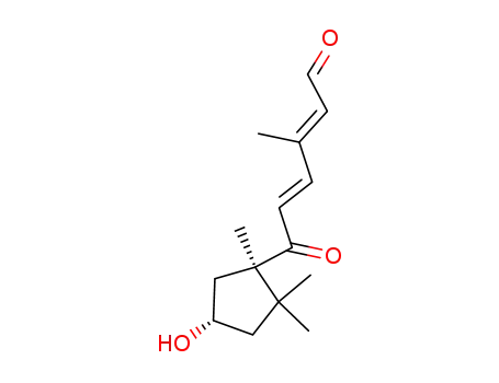 Molecular Structure of 395089-72-2 (2,4-Hexadienal,
6-[(1R,4S)-4-hydroxy-1,2,2-trimethylcyclopentyl]-3-methyl-6-oxo-,
(2E,4E)-)