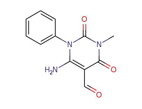Molecular Structure of 87166-62-9 (5-Pyrimidinecarboxaldehyde,
6-amino-1,2,3,4-tetrahydro-3-methyl-2,4-dioxo-1-phenyl-)