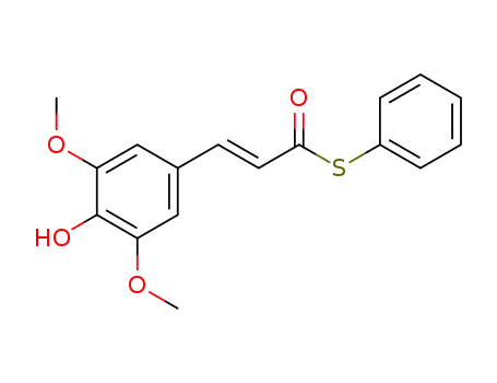 Molecular Structure of 56254-03-6 (2-Propenethioic acid, 3-(4-hydroxy-3,5-dimethoxyphenyl)-, S-phenyl
ester)