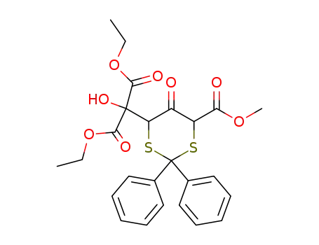 Molecular Structure of 139101-79-4 (Propanedioic acid,
hydroxy[6-(methoxycarbonyl)-5-oxo-2,2-diphenyl-1,3-dithian-4-yl]-,
diethyl ester)