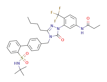 Molecular Structure of 159954-94-6 (Propanamide,
N-[3-[3-butyl-4-[[2'-[[(1,1-dimethylethyl)amino]sulfonyl][1,1'-biphenyl]-4-yl]
methyl]-4,5-dihydro-5-oxo-1H-1,2,4-triazol-1-yl]-4-(trifluoromethyl)phenyl
]-)