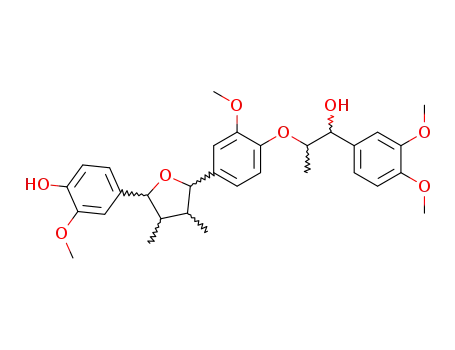 Molecular Structure of 88497-86-3 ((-)-3,4-Dimethoxy-α-[1-[2-methoxy-4-[tetrahydro-5-(4-hydroxy-3-methoxyphenyl)-3,4-dimethylfuran-2-yl]phenoxy]ethyl]benzenemethanol)