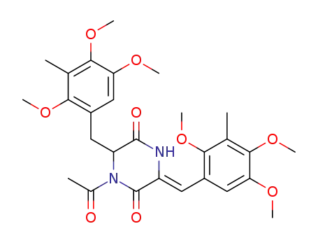 Molecular Structure of 113296-75-6 (2,5-Piperazinedione,
1-acetyl-6-[(2,4,5-trimethoxy-3-methylphenyl)methyl]-3-[(2,4,5-trimethoxy
-3-methylphenyl)methylene]-, (Z)-)
