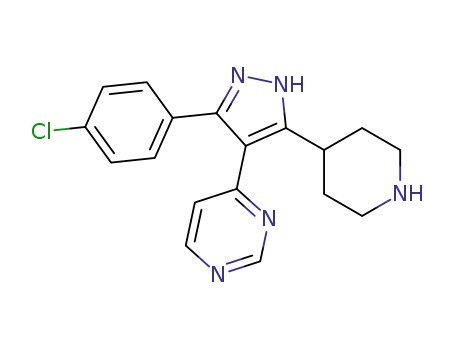 Molecular Structure of 271576-76-2 (Pyrimidine, 4-[3-(4-chlorophenyl)-5-(4-piperidinyl)-1H-pyrazol-4-yl]-)