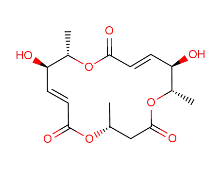 Molecular Structure of 200335-76-8 (1,5,11-Trioxacyclohexadeca-7,13-diene-2,6,12-trione,9,15-dihydroxy-4,10,16-trimethyl-, (4R,7E,9R,10S,13E,15R,16S)-)