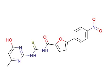 Molecular Structure of 847981-73-1 (2-Furancarboxamide,
N-[[(1,4-dihydro-6-methyl-4-oxo-2-pyrimidinyl)amino]thioxomethyl]-5-(4-
nitrophenyl)-)