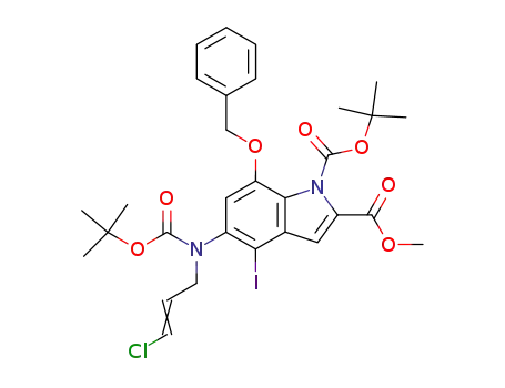 Molecular Structure of 919535-10-7 (1H-Indole-1,2-dicarboxylic acid,
5-[(3-chloro-2-propen-1-yl)[(1,1-dimethylethoxy)carbonyl]amino]-4-iodo-
7-(phenylmethoxy)-, 1-(1,1-dimethylethyl) 2-methyl ester)