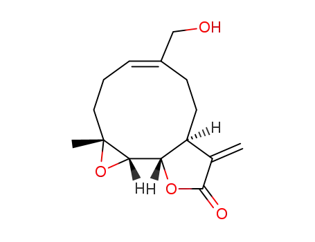 Molecular Structure of 93930-15-5 (Oxireno[9,10]cyclodeca[1,2-b]furan-9(1aH)-one,2,3,6,7,7a,8,10a,10b-octahydro-5-(hydroxymethyl)- 1a-methyl-8-methylene-,(1aR,4E,- 7aS,10aS,10bR)- )