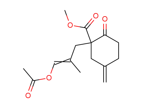 Molecular Structure of 141077-85-2 (Cyclohexanecarboxylic acid,
1-[3-(acetyloxy)-2-methyl-2-propenyl]-5-methylene-2-oxo-, methyl ester)