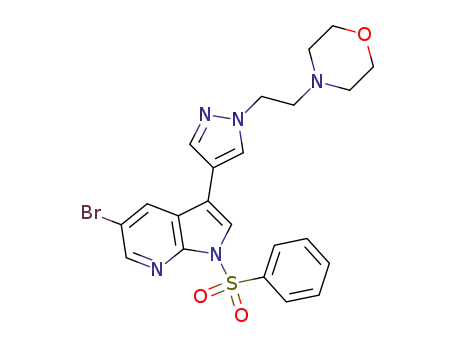 Molecular Structure of 923584-14-9 (1H-Pyrrolo[2,3-b]pyridine,
5-bromo-3-[1-[2-(4-morpholinyl)ethyl]-1H-pyrazol-4-yl]-1-(phenylsulfonyl)
-)