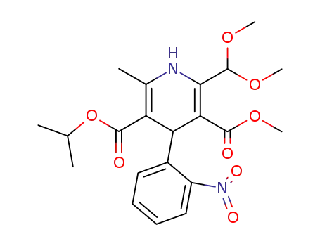 Molecular Structure of 67448-14-0 (3,5-Pyridinedicarboxylic acid,
2-(dimethoxymethyl)-1,4-dihydro-6-methyl-4-(2-nitrophenyl)-, 3-methyl
5-(1-methylethyl) ester)