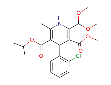 Molecular Structure of 75530-34-6 (3,5-Pyridinedicarboxylic acid,
4-(2-chlorophenyl)-2-(dimethoxymethyl)-1,4-dihydro-6-methyl-, 3-methyl
5-(1-methylethyl) ester)