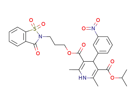 Molecular Structure of 136941-66-7 (3,5-Pyridinedicarboxylic acid,
1,4-dihydro-2,6-dimethyl-4-(3-nitrophenyl)-,
3-(1,1-dioxido-3-oxo-1,2-benzisothiazol-2(3H)-yl)propyl 1-methylethyl
ester)