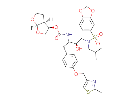 Molecular Structure of 313682-08-5 ([(1R,5S,6R)-2,8-dioxabicyclo[3.3.0]oct-6-yl] N-[(2S,3R)-4-(benzo[1,3]dioxol-5-ylsulfonyl-(2-methylpropyl)amino)-3-hydroxy-1-[4-[(2-methyl-1,3-thiazol-4-yl)methoxy]phenyl]butan-2-yl]carbamate)