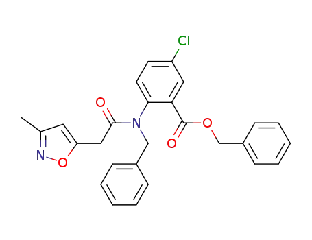 Molecular Structure of 835882-23-0 (Benzoic acid,
5-chloro-2-[[(3-methyl-5-isoxazolyl)acetyl](phenylmethyl)amino]-,
phenylmethyl ester)