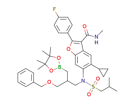 6-(N-(3-(benzyloxy)-2-((4,4,5,5-tetramethyl-1,3,2-dioxaborolan-2-yl)methyl)propyl)-2-methylpropylsulfonamido)-5-cyclopropyl-2-(4-fluorophenyl)-N-methylbenzofuran-3-carboxamide
